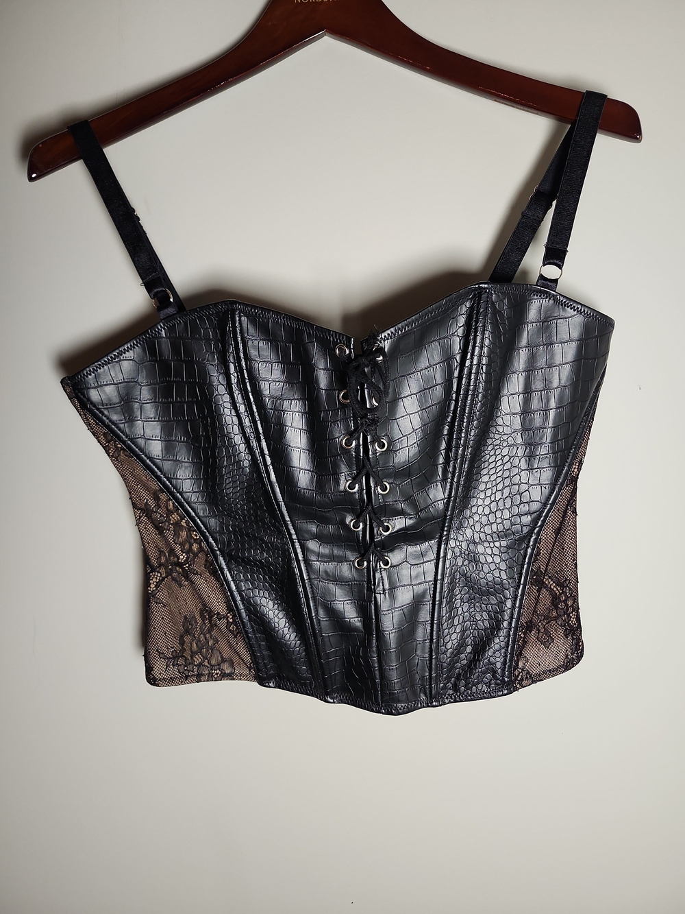White Fox Black Faux Leather Croc Embossed  Lace Corset Bustier XL